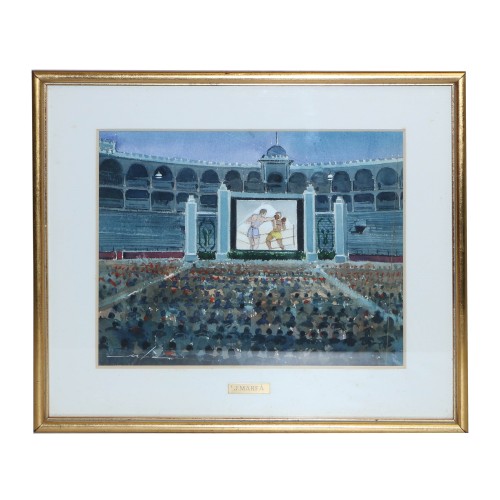 Acuarela realizada durante el periodo 1993-1995 por Josep Marfá Recinto con espectaculo de boxeo